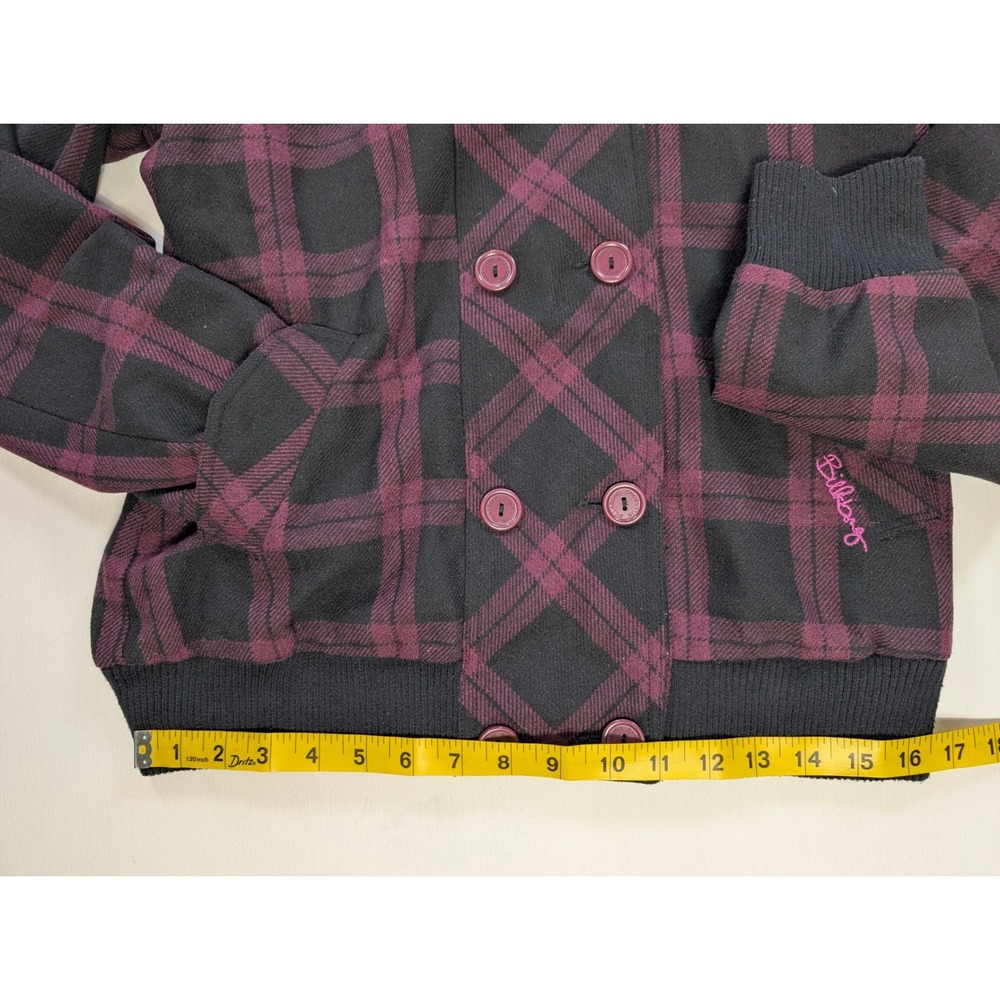 Billabong Womens Plaid Double Breasted Hooded Jacket Burgundy Black Pea Coat L - Picture 6 of 9